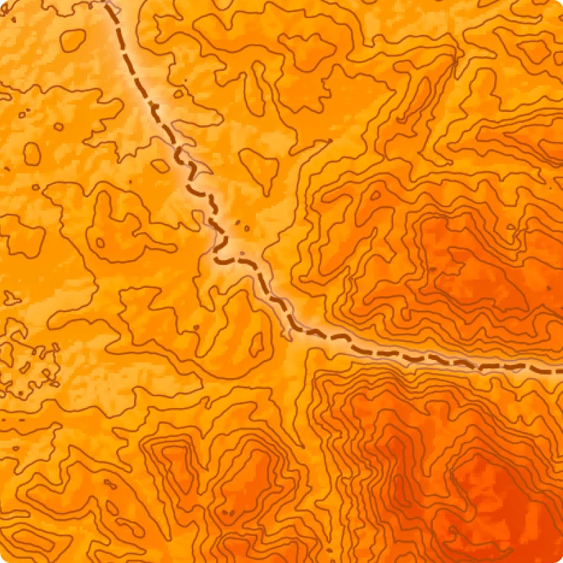 Orange hillshade and contour map with the Jordan Trail route